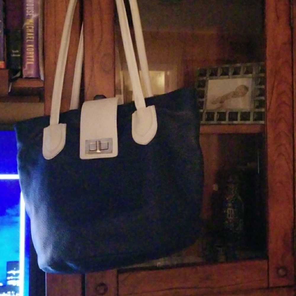 Genuine leather Navy and white handbag